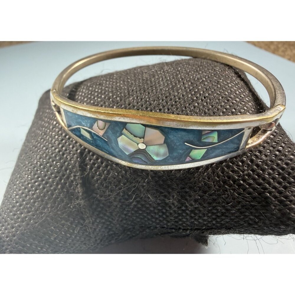 Vintage Sterling Silver Abalone Inlay Panel Bracelet 7.5” Mid Century Studio